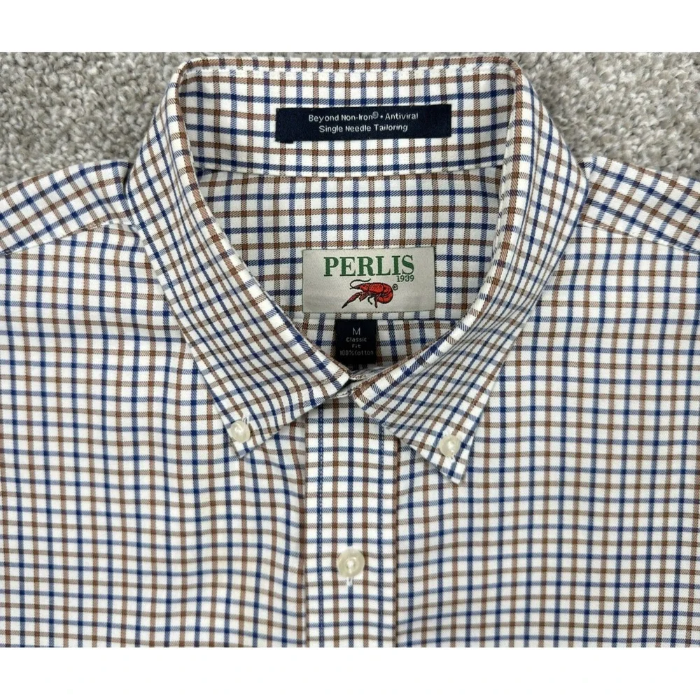 Perlis 1939 Mens M Button Down Shirt Blue Plaid Crawfish Classic Fit Cotton
